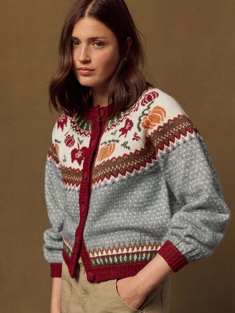 Grey/Red Autumnal Fairisle Long Sleeve Crew Neck Bomber Cardigan | Next US