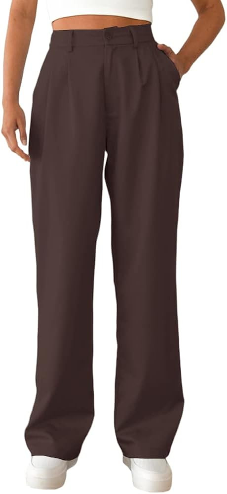 Women's Casual Straight Trousers High Waisted Button Work Office Dress Pants with Pockets | Amazon (US)