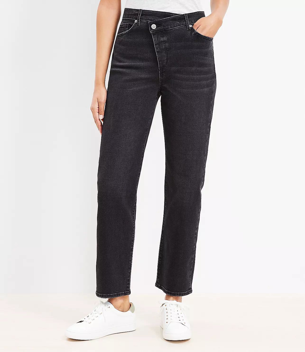 Petite Crisscross Waist High Rise Straight Jeans in Washed Black | LOFT