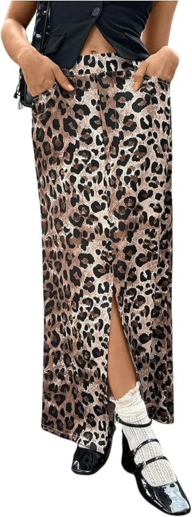 OYOANGLE Women's Leopard Print Elastic Waist Front Pockets Casual Split Long Maxi Skirt Y2K | Amazon (US)
