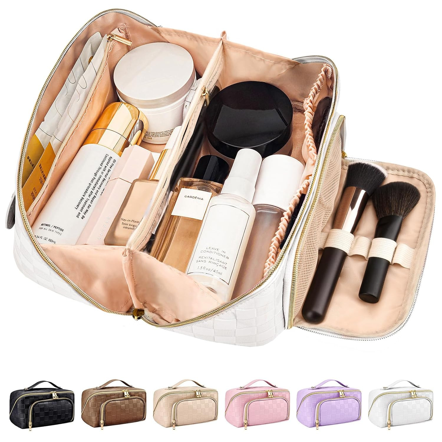 stona Travel Makeup Bag for Women, Large Capacity PU Leather Waterproof Checkered Cosmetic Bags, ... | Amazon (US)