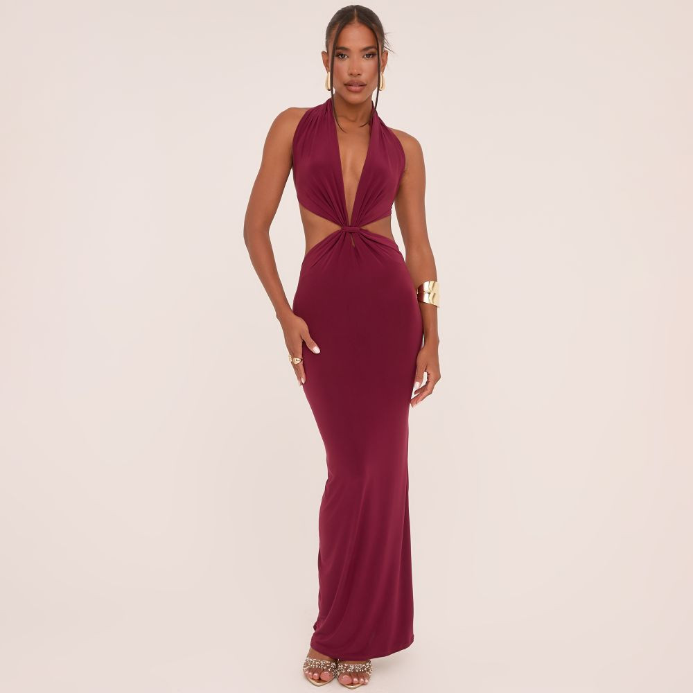 Plunge Halterneck Knot Front Maxi Dress In Wine Slinky | EGO (UK)