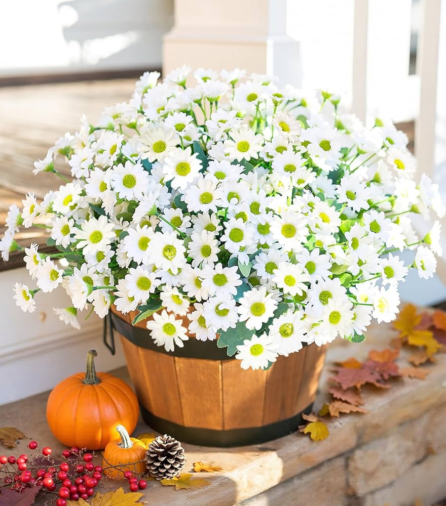 Daisy Artificial Flowers for Outdoors Fall Autumn Decoration, 6 Bundles Fake Mums White Silk Flow... | Amazon (US)