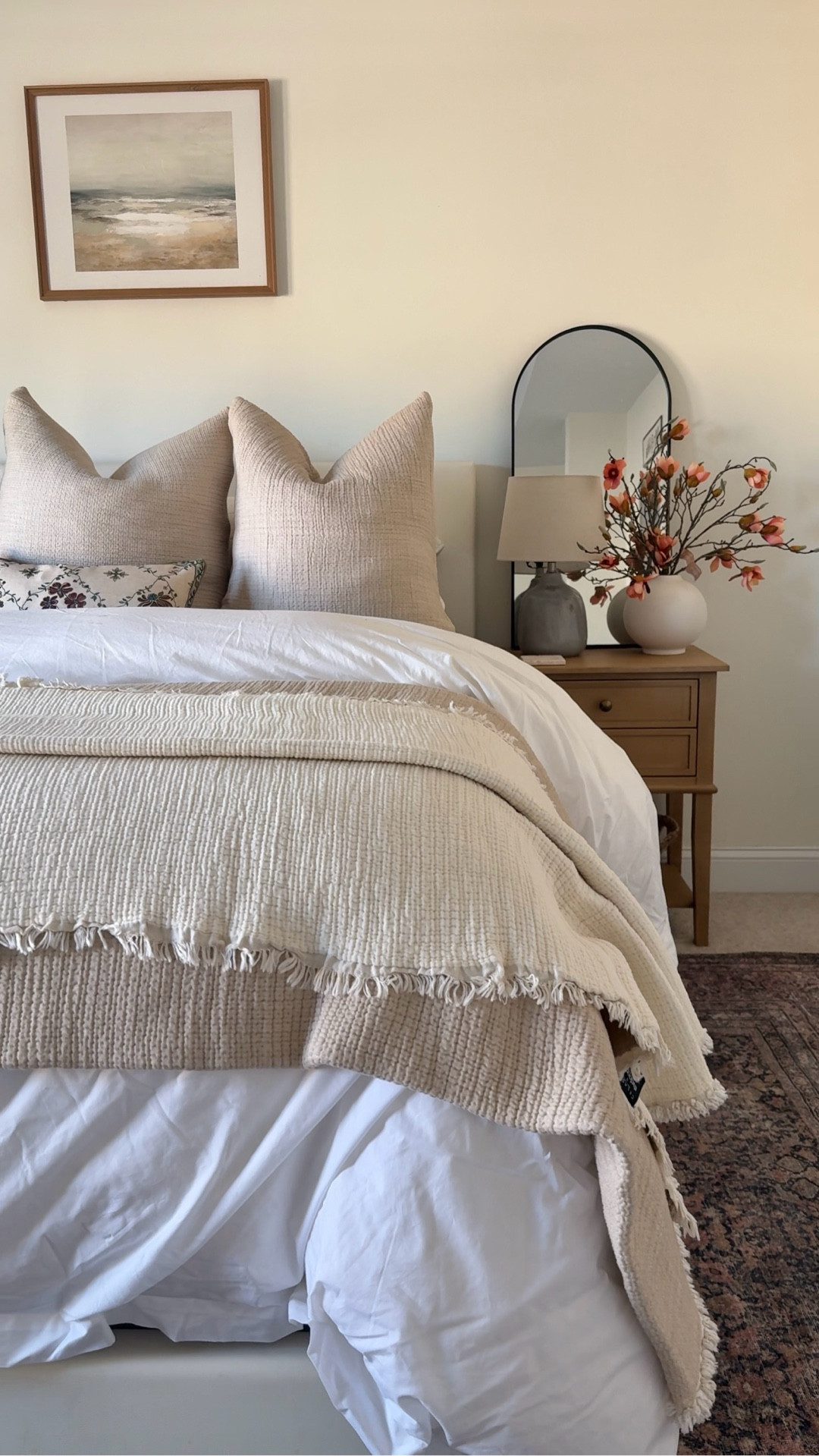 Here are 3 ways how to style your bedding for the new year using @theloomia new quilt release! ☁️ 

My favorite transitioning style tips from winter to spring:

🌼 using dark or sage greens for the feeling of winter without being too much or using beige if you like the fresh feeling but without adding the heaviness.

🌼 I love me some euro sized pillows to give that elevated yet super cozy feeling. No patterns needed because the texture on these are chefs kiss 😚🤌🏼

🌼 adding stripes was my go-to last year and is back again this year. I love how it adds some dimension without too much noise. 

Comment DEETS for the 🔗 for the bedding I used!