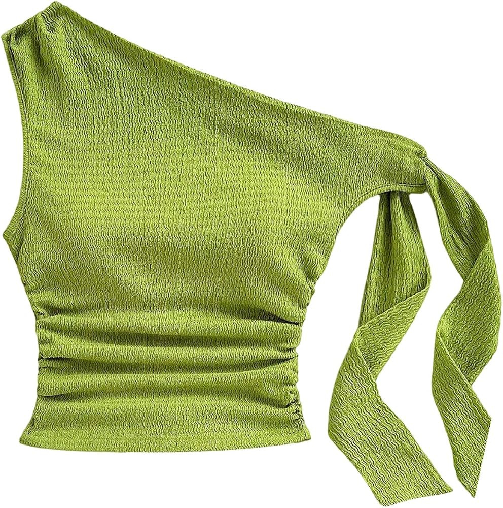 SweatyRocks Women's Off Shoulder Tank Top Sleeveless Asymmetrical Tops Ruched Tie Strap Textured ... | Amazon (US)