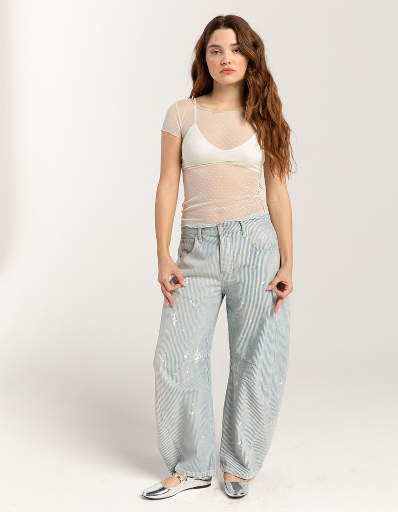 FREE PEOPLE Lucky You Mid-Rise Stripe Womens Barrel Jeans | Tillys