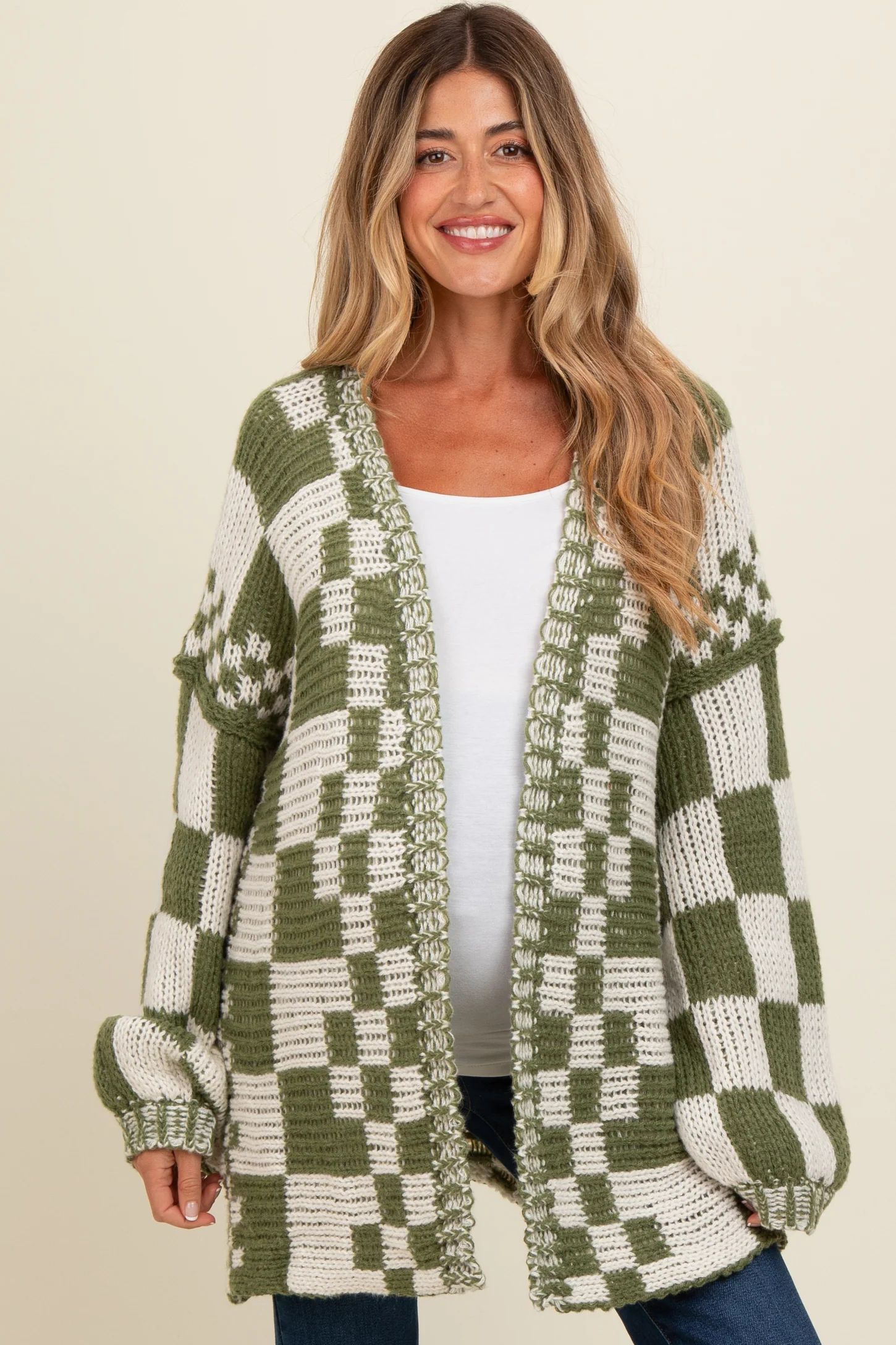 Olive Mixed Check Pattern Chunky Maternity Cardigan | PinkBlush Maternity