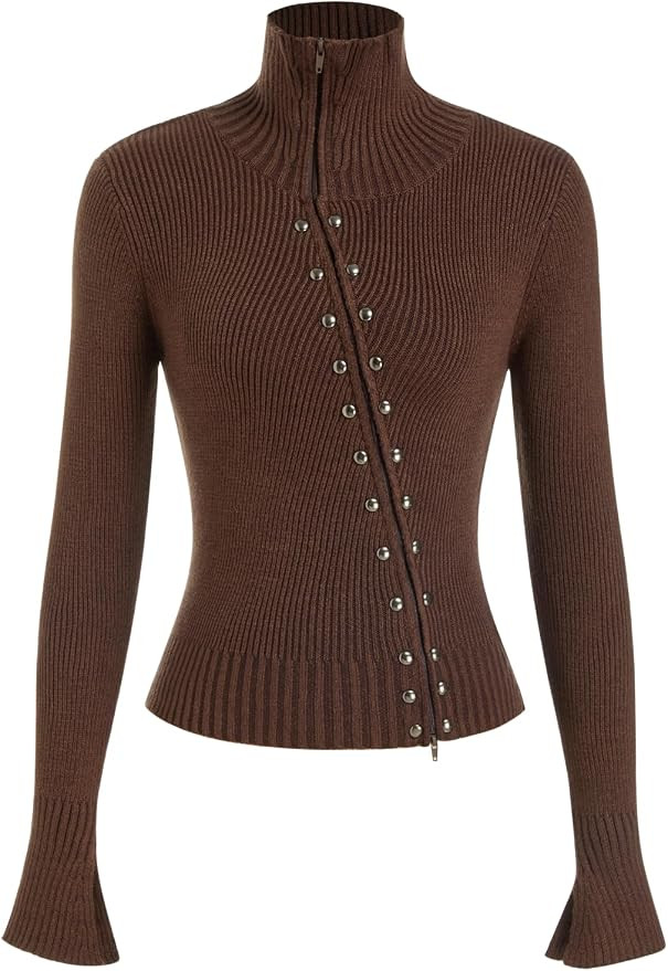 CIDER Zipper Cardigan Cropped Sweaters for Women Rivet Turtleneck Sweaters | Amazon (US)