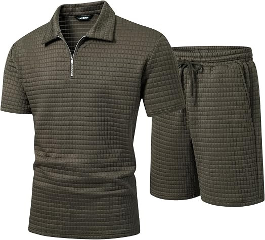 JMIERR Men's 2 Piece Waffle Knit Outfit Half Zip Polo Shirt and Shorts Textured Summer Set | Amazon (US)