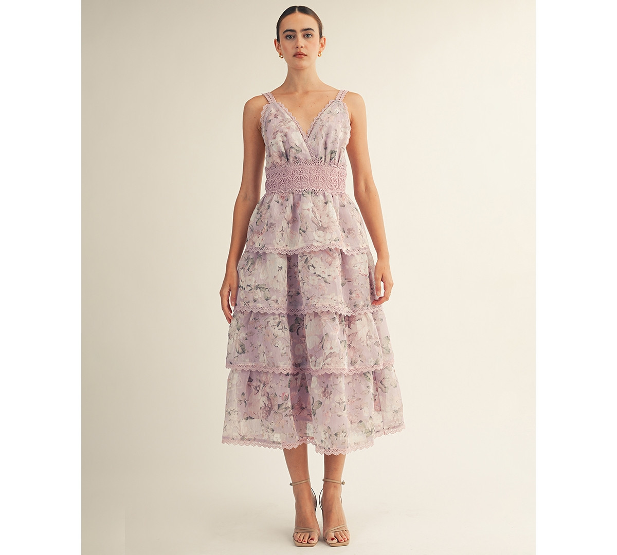 Arose Studio, Inc Women's Sylvie Floral Tiered Trim Midi Dress - Lavender | Macy's