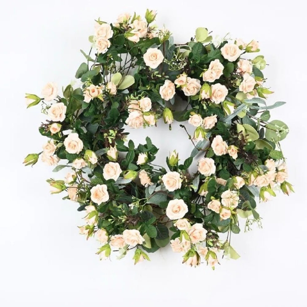 22" Artificial Farmhouse Spring Summer Blossoms Cluster Foliage Rose Floral Wreath For Front Door | Wayfair North America