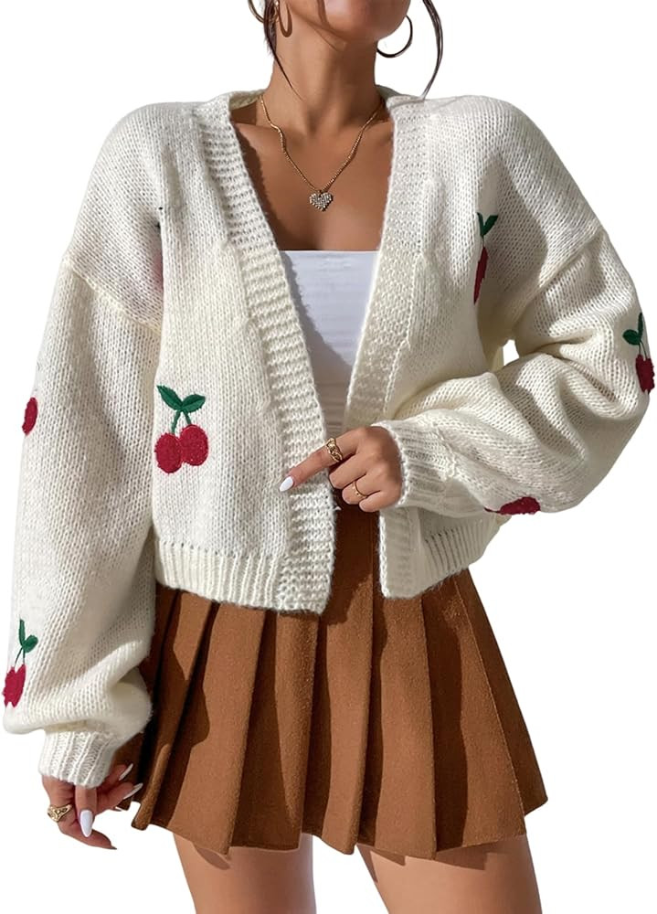 GORGLITTER Cárdigan corto con estampado de cereza para mujer, con frente abierto, manga de farol... | Amazon (US)