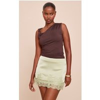 Sage Green Satin Lace Trim Mini Skirt | PrettyLittleThing US