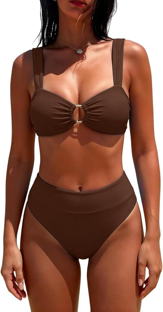 Women's High Waisted Bikini Sets Square Neck O-Ring 2 Piece Swimsuits Tummy Control Bathing Suits... | Amazon (US)