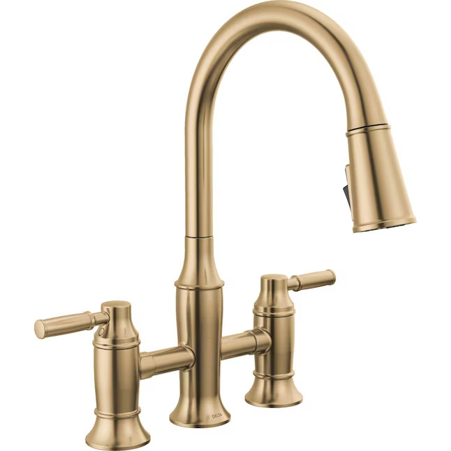 Delta Renaldi Lumicoat Champagne Bronze Double Handle Deck-mount Bridge Kitchen Faucet with Spray... | Lowe's
