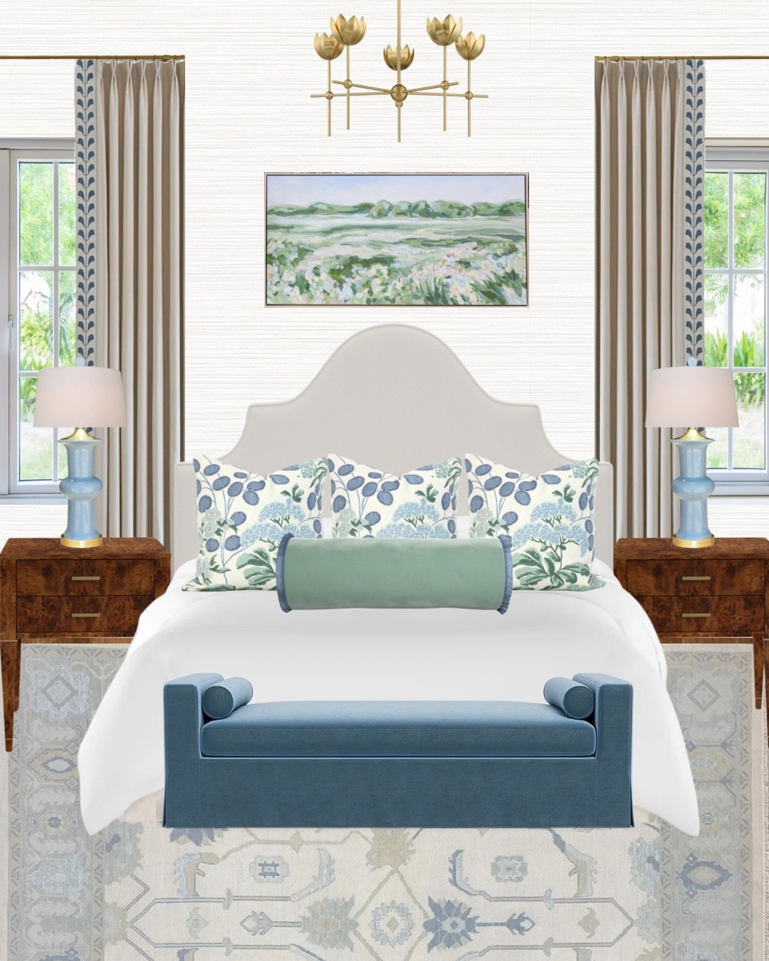 A cozy and classic blue and green bedroom 😍 A timeless bedroom with a touch of colorful whimsy! 

Art above the bed is by Elizabeth Sage - “Under The Summer Sun”  

Upholstered bed, oushak rug, bedroom rug, blue upholstered bench, bed bench, end of bed bench, floral pillow, blue and green pillow, bolster pillow, bed pillows, bedroom pillows, pillow combo, burl wood nightstand, wood nightstand, classic nightstand, blue lamp, light blue lamp, bedroom lamp, drapery with trim, curtains with trim, affordable curtains, blue trim curtains, gold bedroom light, gold chandelier, gold pendant, classic bedroom, timeless bedroom, traditional bedroom, southern bedroom, grandmillennial bedroom, traditional southern bedroom, classic contemporary bedroom, modern bedroom, bedroom decor, bedroom furniture, bedroom inspo, bedroom inspiration, bedroom design, bedroom ideas


#LTKHome #LTKSaleAlert