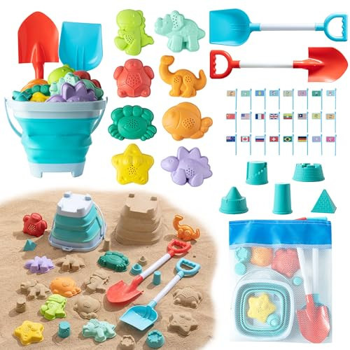 Sawaruita Beach Toys for Kids - Sand Toys Set Includes Collapsible Bucket Shovel and Mesh Bag 17 PCS, Toddlers Sandbox Toys Sandcastle Building Kit (Kids Beach Toy Set) | Amazon (US)