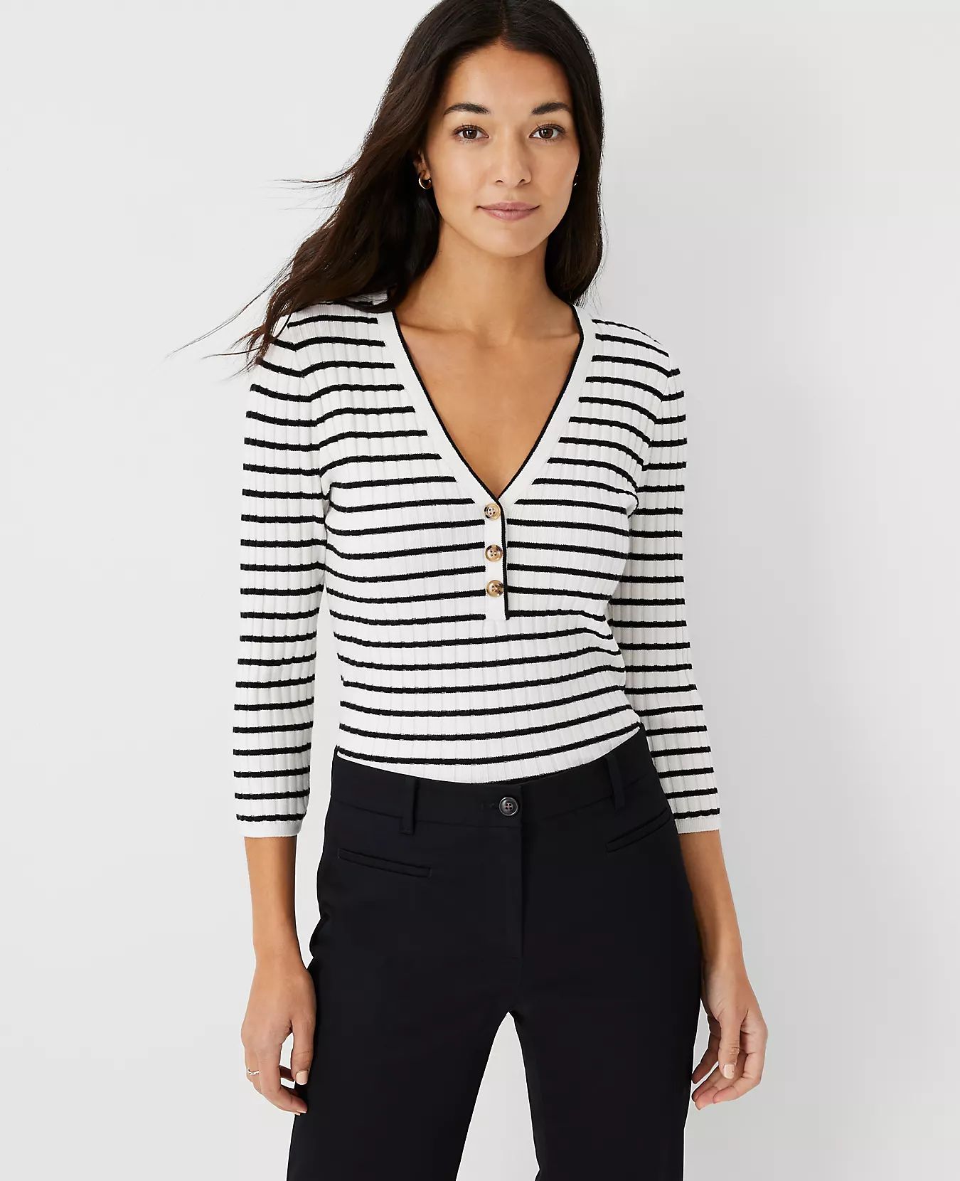 Striped Ribbed Henley Sweater | Ann Taylor (US)
