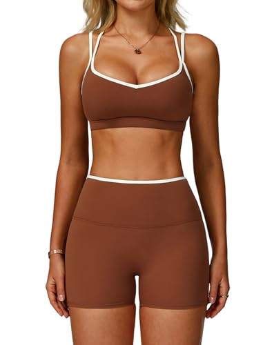 Two Piece Workout Sets For Women Sleeveless Backless Sport Bra Matching High Waist Scrunch Butt Biker Shorts 2 Piece Gym Yoga Active Wear Outfits Womens Athletic Work Out Clothes Color Block Brown M | Amazon (US)
