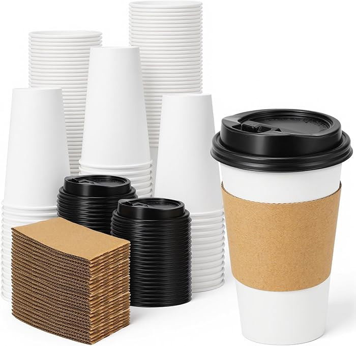 Lamosi 100 Pack 16 oz Disposable Coffee Cups with Lids and Sleeves, Leak-Proof To Go Coffee Cups ... | Amazon (US)