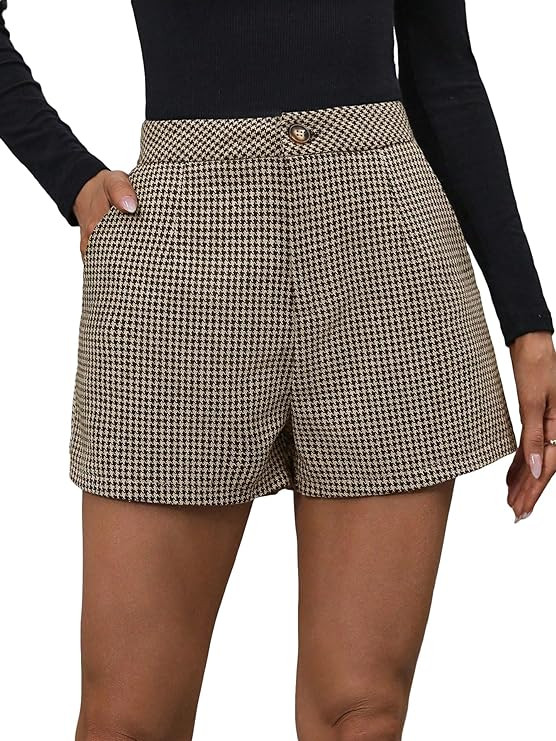 MakeMeChic Women's Elegant Plaid Shorts Dressy High Waisted Shorts Houndstooth Zipper Wide Leg Mi... | Amazon (US)