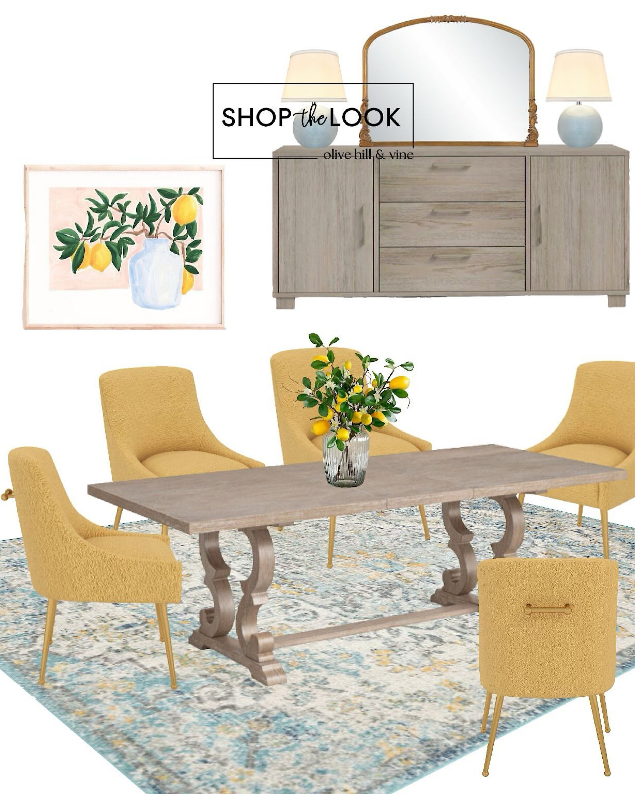 Welcome to your sunny dining haven! We've curated a French country vibe with a mid-century twist. Showcased in the room are lemon-themed artwork and a chic lemon table centerpiece. An arch wall mirror graces the sideboard, flanked by blue lamps. The rustic yet elegant dining table is paired with yellow mid-century chairs featuring gold detailing. A distressed rug in blues and yellows ties it all together, creating a bright, inviting space. 

#LTKStyleTip #LTKFamily #LTKHome