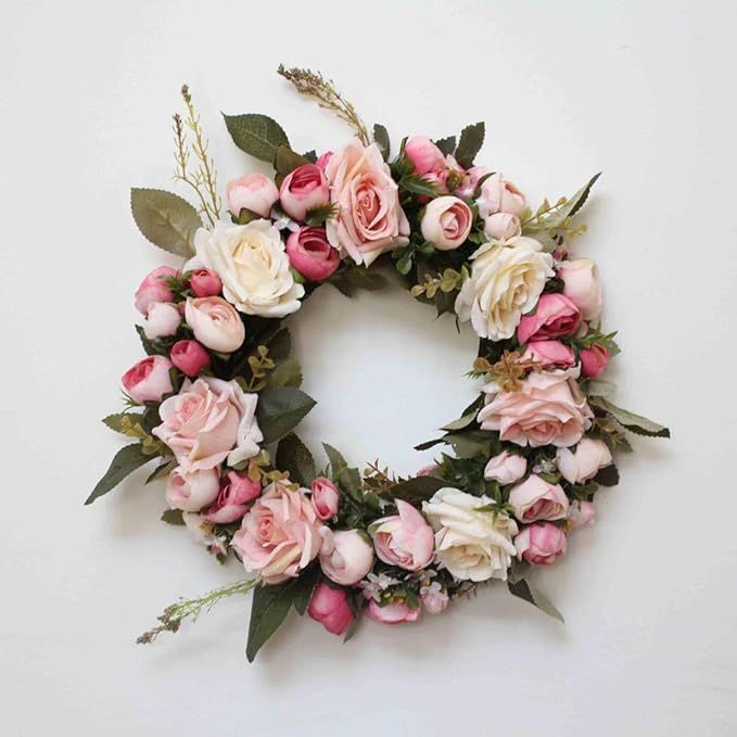 Adeeing Artificial Rose Peony Flower Wreath 13 Inch Spring Door Wreath with Silk Flowers and Gree... | Amazon (US)
