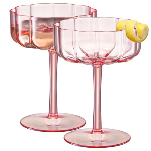 Khen Shatterproof Acrylic Flower Wavy Vintage Art Deco Martini, Champagne & Cocktail Blush Pink Color Plastic Tritan Coupe Glasses | 2 Set | 8.5oz Glassware Classic Cocktail Indoor & Outdoor Set | Amazon (US)