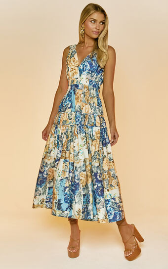 Emily Midi Dress - Plunge Tiered Midi in Patchwork Floral | Showpo (US, UK & Europe)