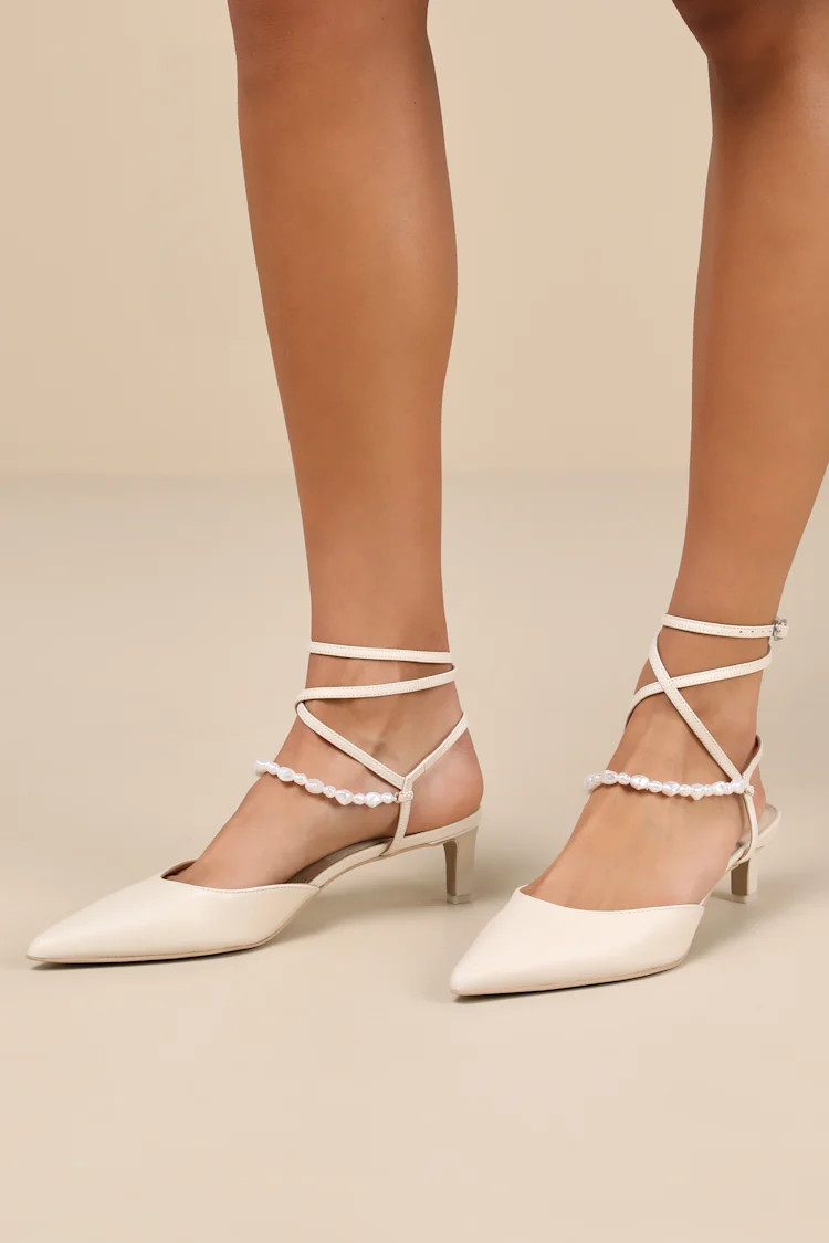 Loklyn Pearl Vanilla Leather Pointed-Toe Ankle Wrap Pumps | Lulus