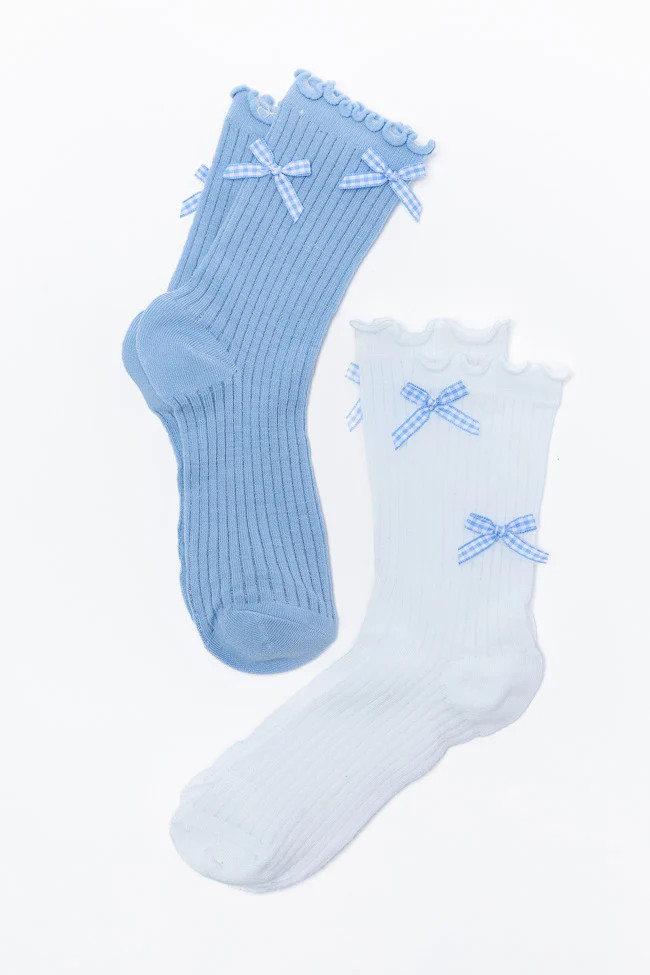 White and Blue Gingham Bow Sock Set | Pink Lily