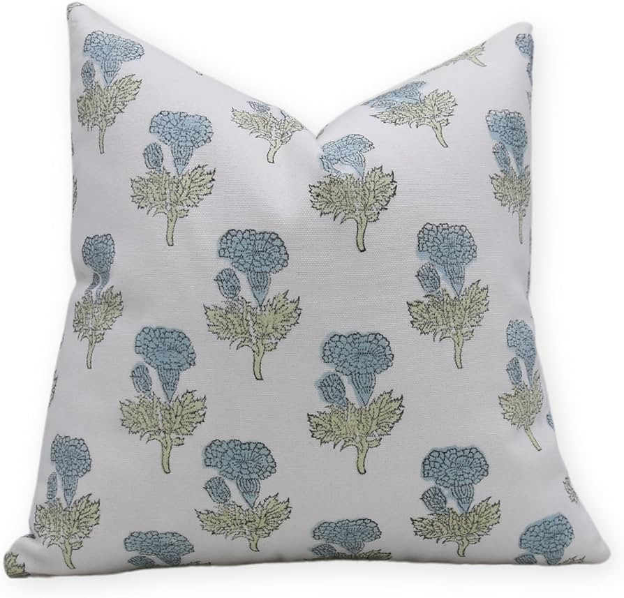 Block Print Thick Cotton White 22X22 Throw Pillow Covers, Handmade (Manmohan, Blue) | Amazon (US)