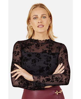Yumi Women's Flocked Floral Stretch Mesh Top - Macy's | Macy's