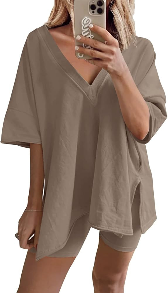 Yanekop Womens Oversized 2 Piece Outfit Sets Reversible V Neck T Shirt Biker Shorts Sports Tracks... | Amazon (US)