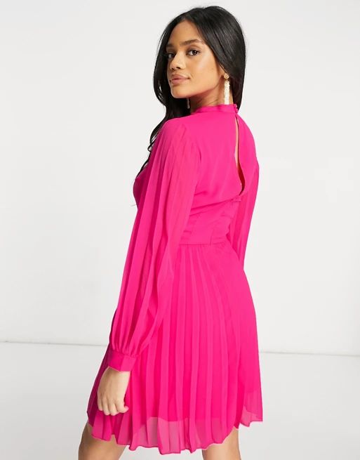 ASOS DESIGN high neck pleated long sleeve skater mini dress in hot pink | ASOS (Global)