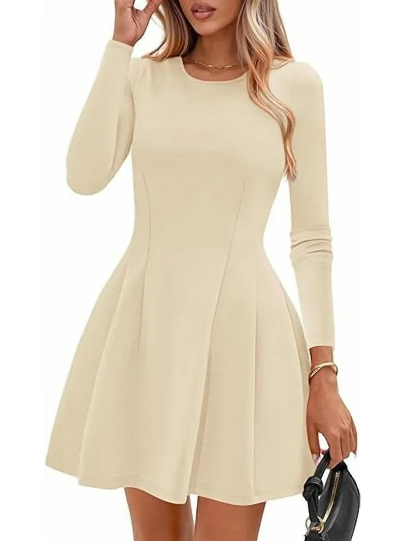 PRETTYGARDEN Long Sleeve Mini Dress for Women Fall Crewneck Knit Pleated Babydoll A Line Soft Cas... | Walmart (US)