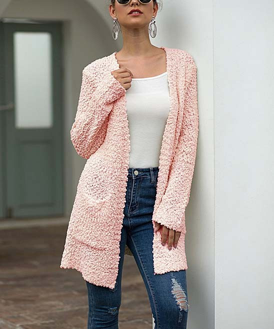 Jiana Women's Cardigans Pink - White Sherpa-Texture Pocket Open Cardigan - Women | Zulily