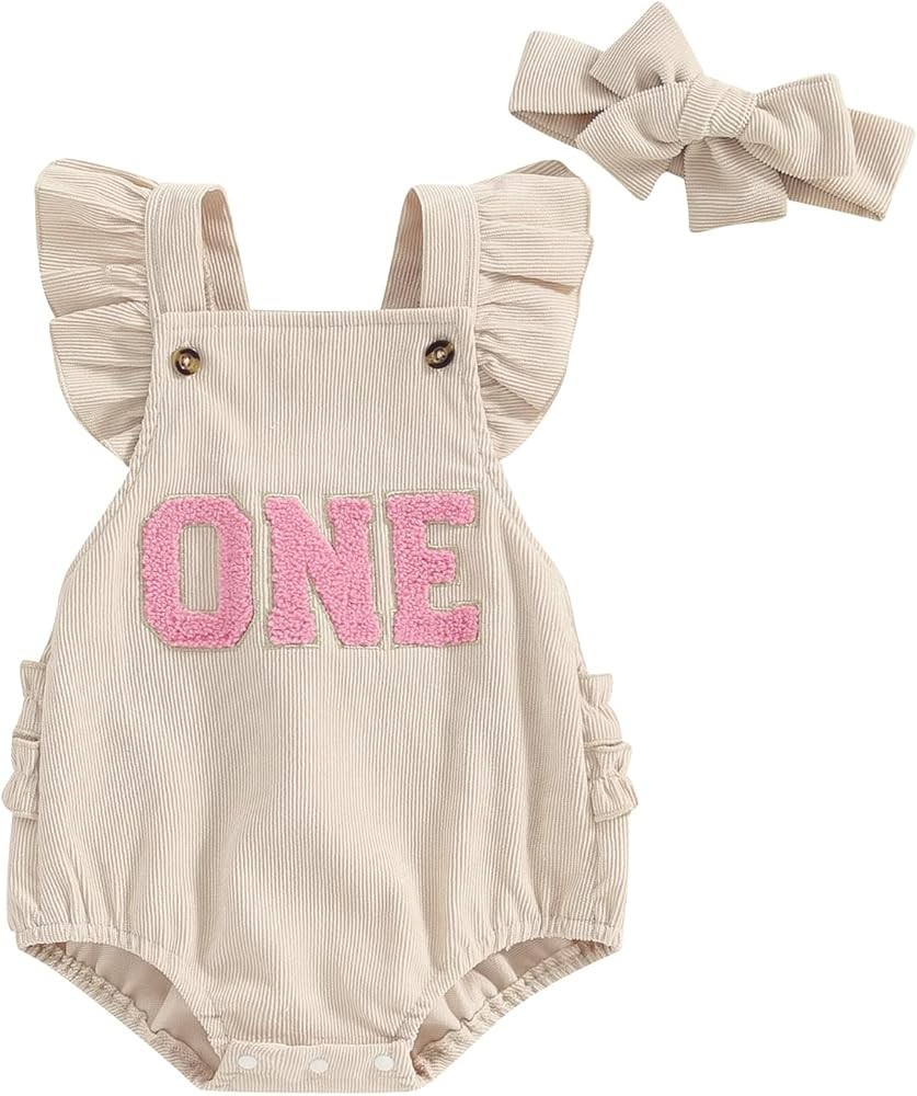 Baby Girl 1st Birthday Outfit One Embroidery Ruffle Sleeve Romper Backless Bodysuit with Headband... | Amazon (US)