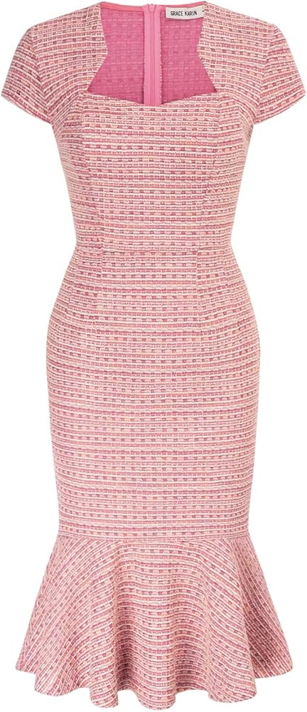 GRACE KARIN Womens Elegant Cap Sleeve Fishtail Midi Tweed Bodycon Dress | Amazon (US)