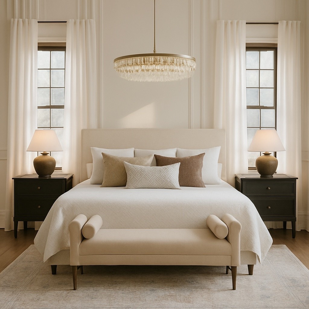 Transitional bedroom, master bedroom, traditional bedroom, neutral bedroom, bedroom chandelier, upholstered bed, nightstand lamp, area rug, neutral rug, bed bench, bedding, throw blanket, affordable curtains, drapes 

#LTKHome