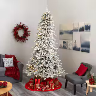 9 ft. Pre-Lit Flocked Livingston Fir Artificial Christmas Tree with Pine Cones and 650 Clear Warm... | The Home Depot