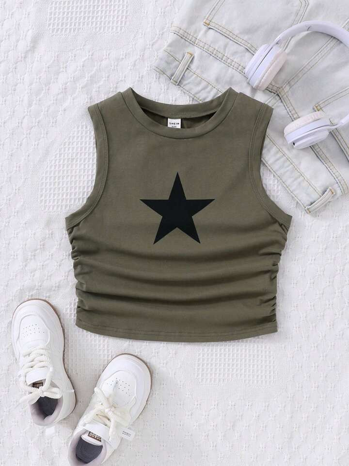 SHEIN Camiseta sin mangas casual para niña adolescente con estampado de estrellas y pliegues en ... | SHEIN