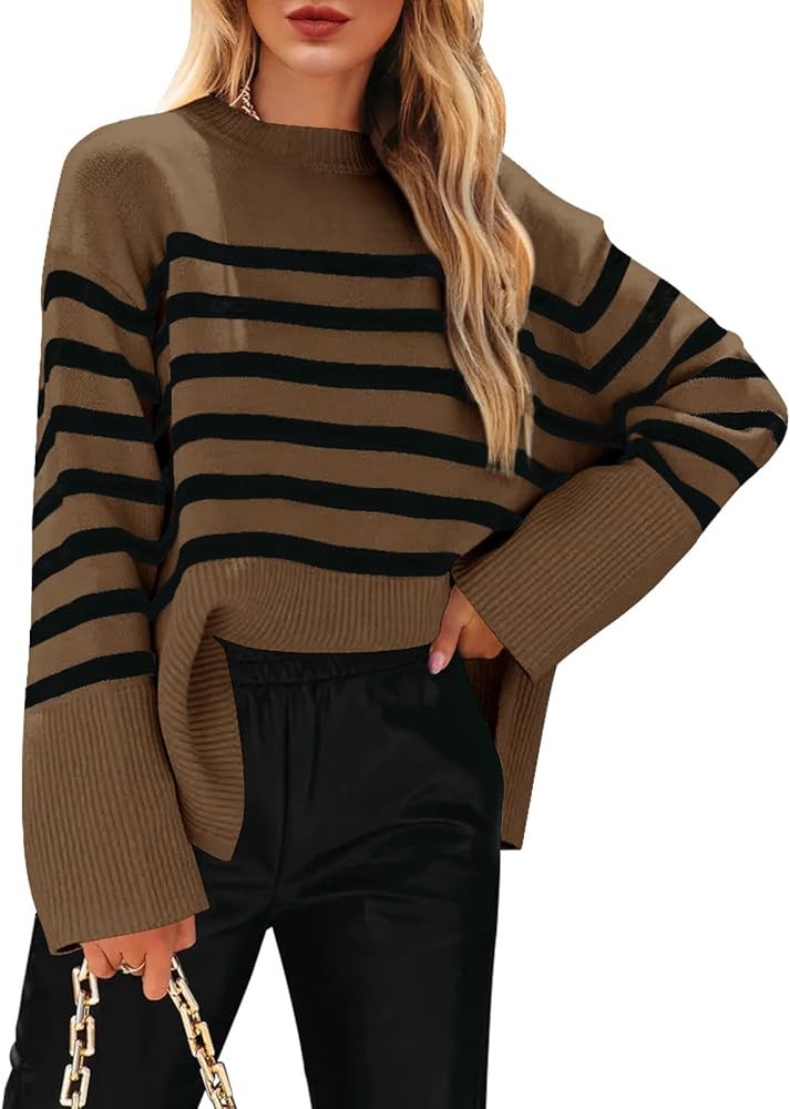Imily Bela Womens 2024 Oversized Striped Sweater Crew Neck Long Sleeve Color Block Knit Side Slit... | Amazon (US)