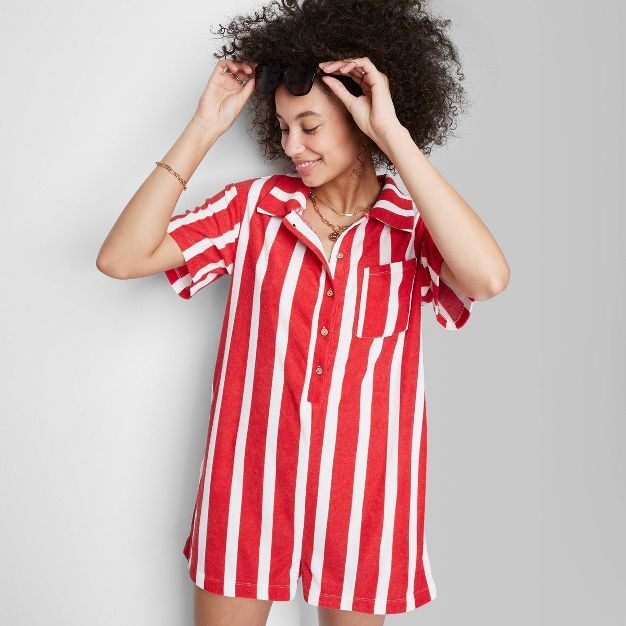 Women&#39;s Ascot + Hart Short Sleeve Graphic Romper - Red Striped S | Target