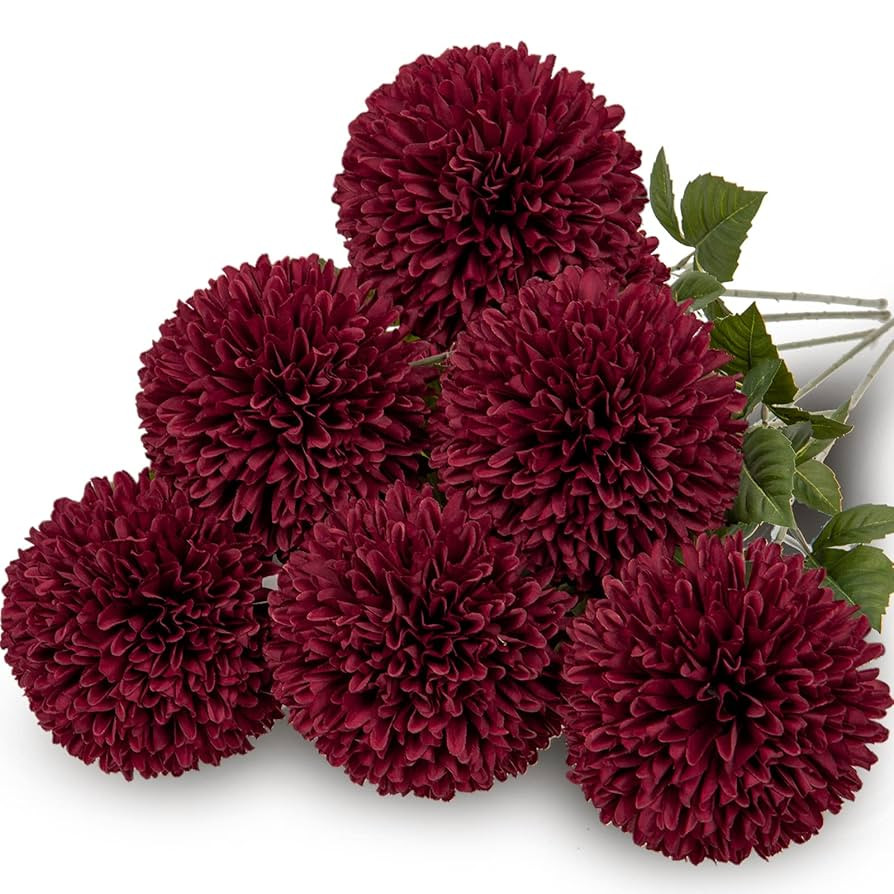 Briful Autumn Artificial Chrysanthemums Ball Flowers 4’’ Large Heads Mums Stems Burgundy Fake... | Amazon (US)