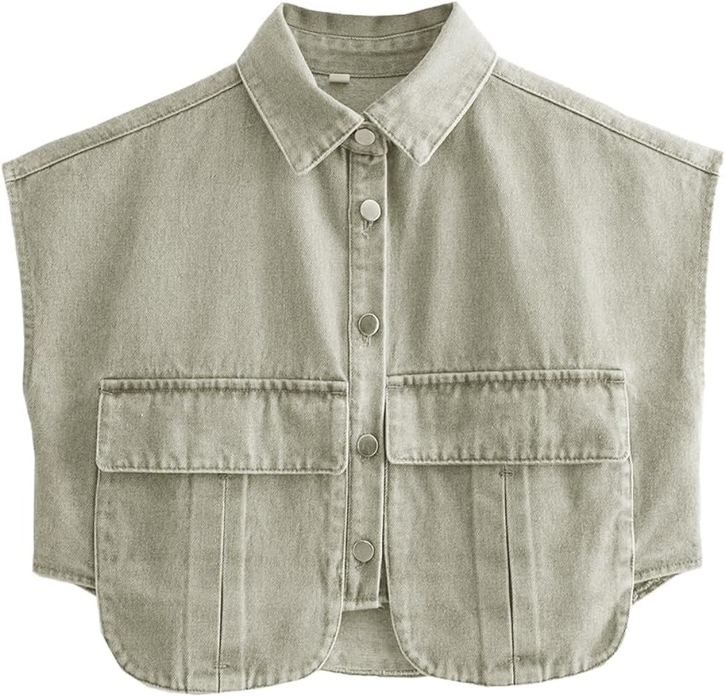 Perbai Womens Cropped Button Down Shirt Summer Collared Sleeveless Loose Denim Top with Pockets | Amazon (US)
