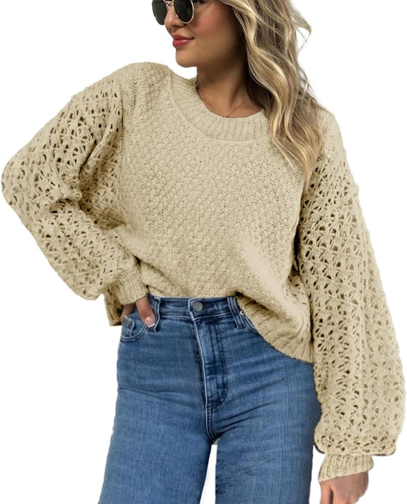 Miessial Women's Oversized Knit Crop Sweater Top Hollow Out Lantern Sleeve Pullover Sweaters | Amazon (US)