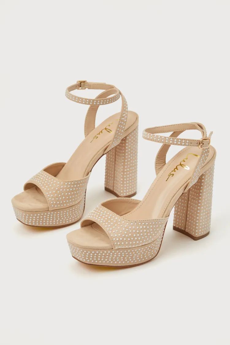 Pearlla Beige Suede Pearl Platform Ankle Strap High Heel Sandals | Lulus