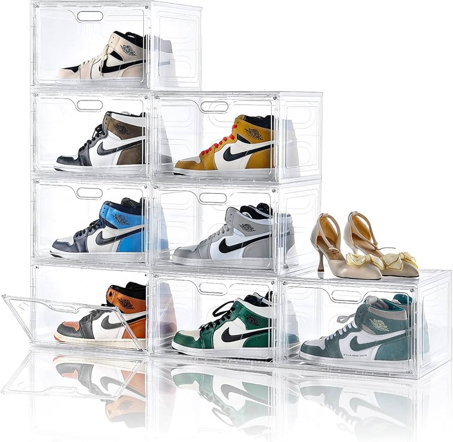 8 Pack Shoe Boxes Clear Plastic Stackable, Large Shoe Storage Organizer with Lids,Drop Side Shoe ... | Amazon (US)