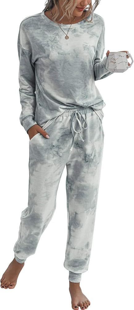LOGENE Women's Tie Dye Pajamas Set Long Sleeve Sweatshirt and Long Pants Lounge Sets Sleepwear | Amazon (US)